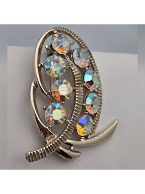 Vintage Gold-Tone Leaf Designer Brooch AB Rhinestones
